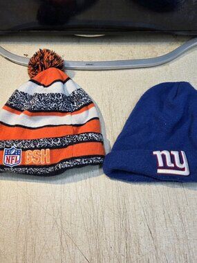 NFL Chicago Bears GSH Knit Beanie Pom Hat + NY Giants Beanie Lot